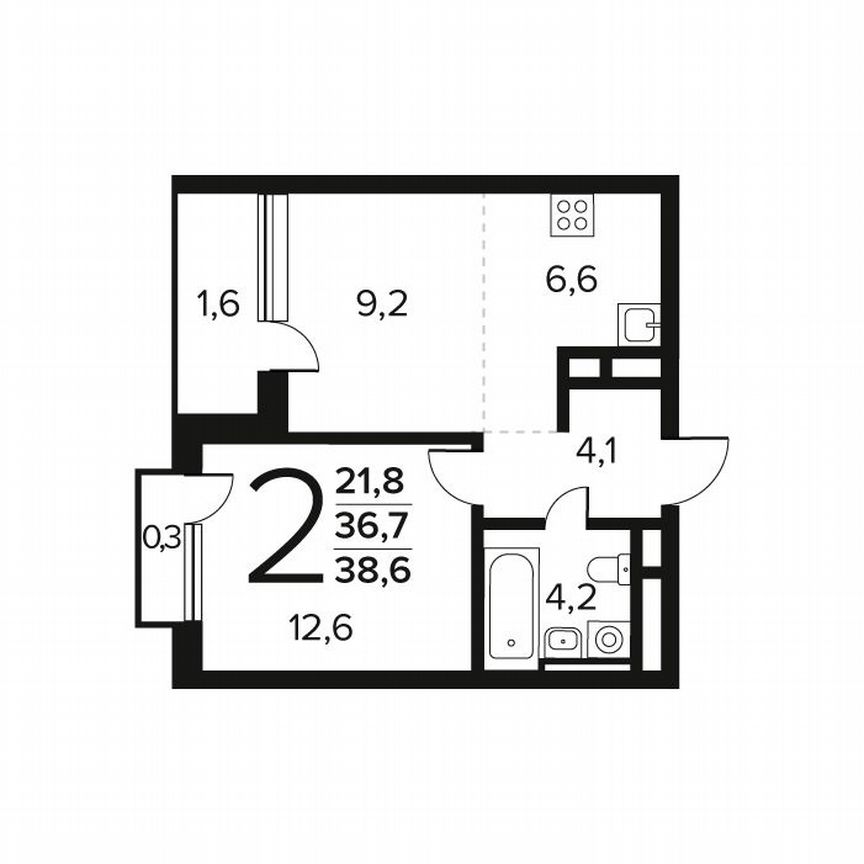 2-к. квартира, 38,6 м², 9/9 эт.