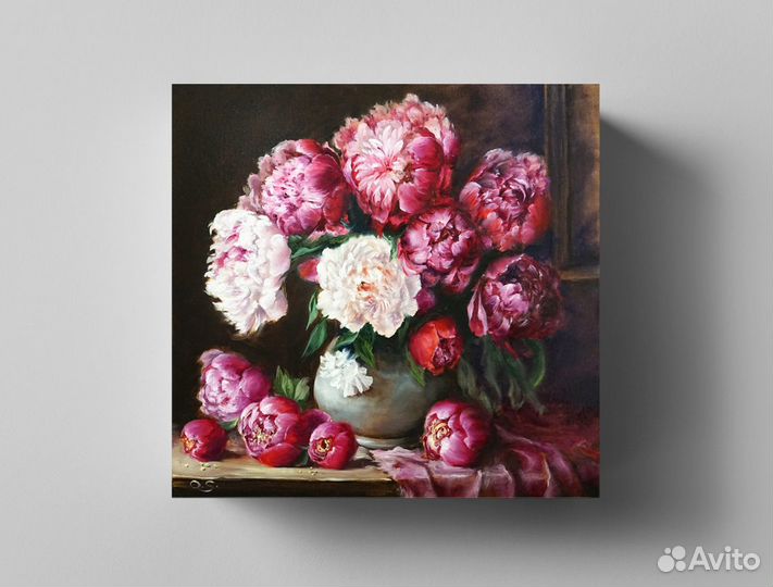 Картина маслом цветы Пионы на темном фоне