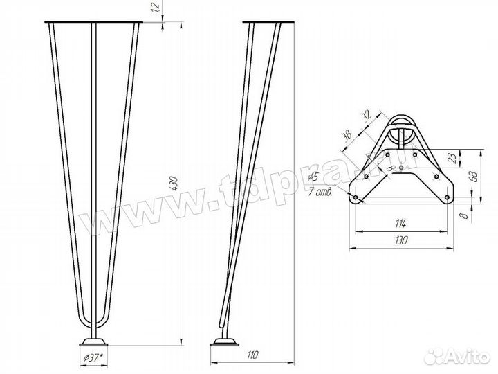 Опора табурета loft 430 мм (RAL 9006) металлик