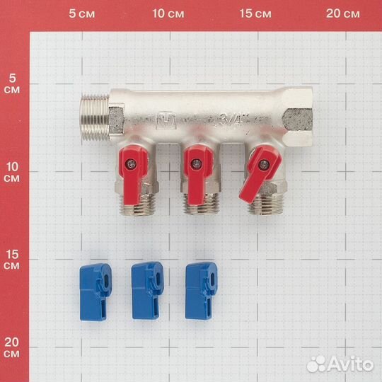 Коллектор Valtec (VTc.580.N.0503) 3/4 вр(г) х 3 выхода 1/2 нр(ш) х 3/4 нр(ш) с шаровыми кранами