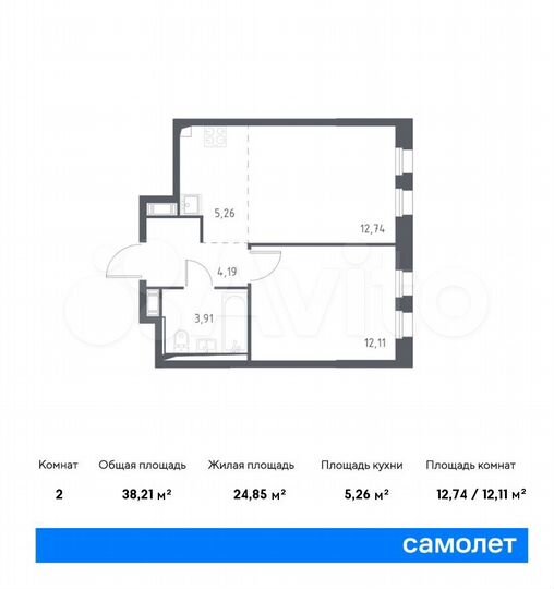 2-к. квартира, 38,2 м², 2/12 эт.