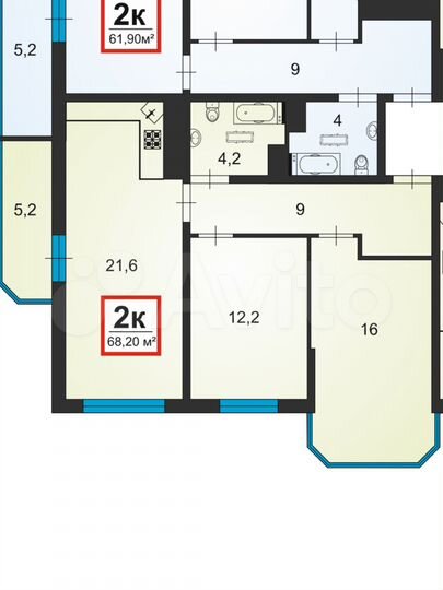 2-к. квартира, 68,2 м², 5/16 эт.