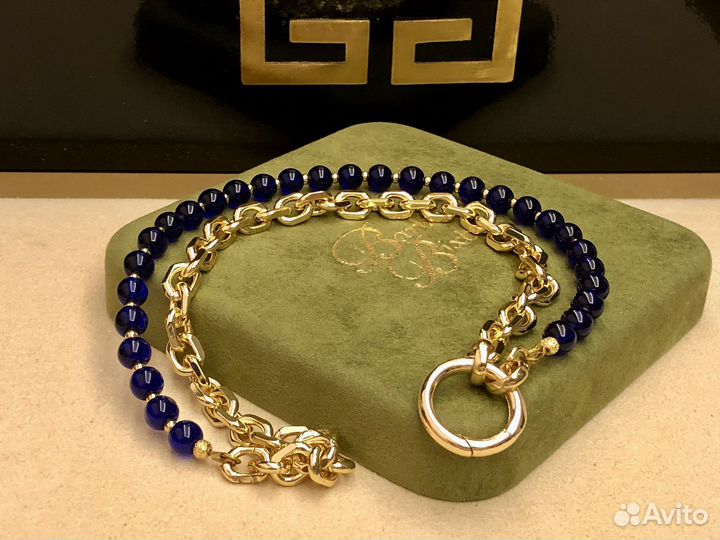 Колье с ярко- синей Presiosa сердцем позолота