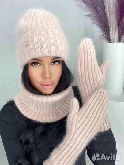 Комплект шапка +снуд +варежки женский