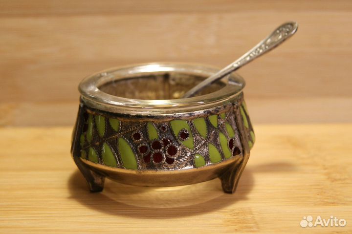 Солонка (Горчичница) мельхиор эмаль с ложкой СССР