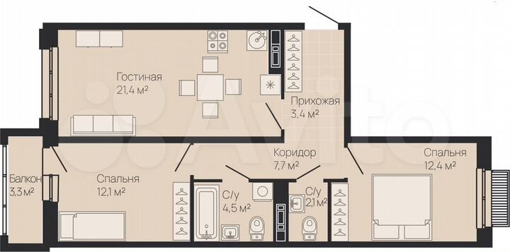 2-к. квартира, 64,6 м², 5/13 эт.