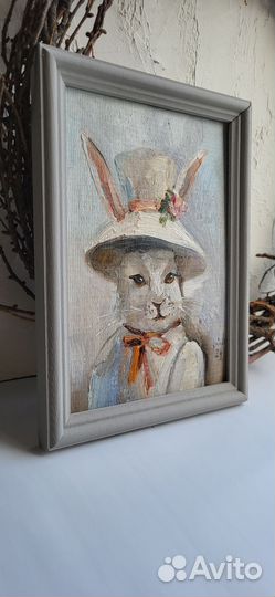 Девочка зайчик. Картина маслом на картоне в рамке