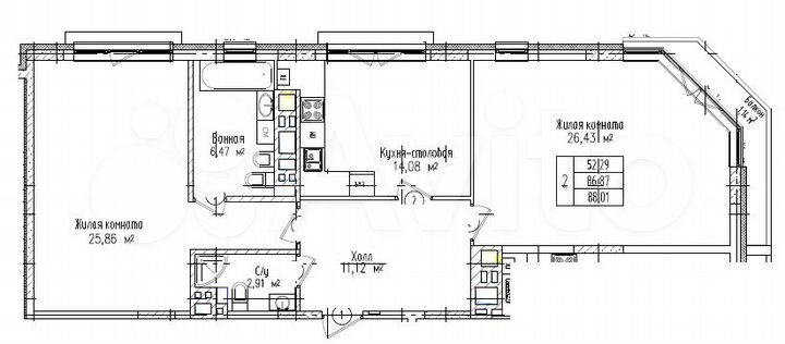 2-к. квартира, 88 м², 2/6 эт.