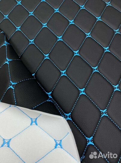 Экокожа, кожзам стёганый чёрный(ромб синий) на пор