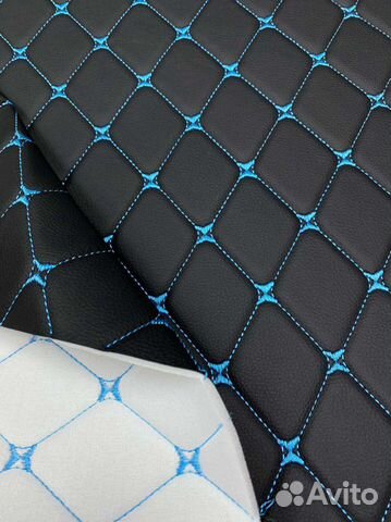 Экокожа, кожзам стёганый чёрный(ромб синий) на пор