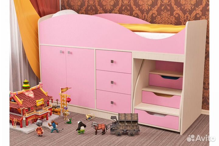 Кровать детская Стрелка с лесенкой, ящиками и шкаф