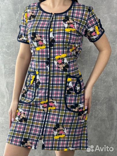 Халат женский в клетку с микки маусами