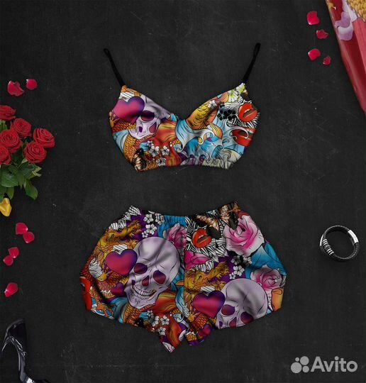 Шелковая пижама с принтом Тату (размер S)