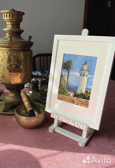 Авторская картина акварелью маяк море А5