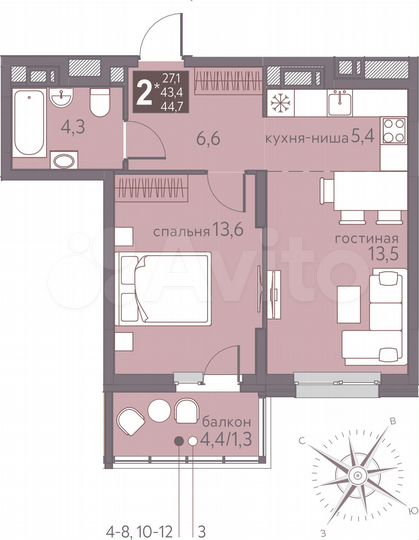 2-к. квартира, 44,7 м², 11/16 эт.