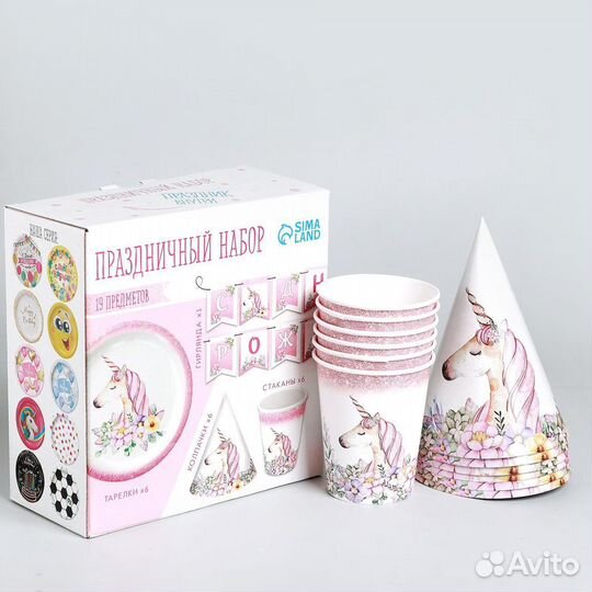 Набор бумажной посуды «Единорог с цветами», 6 таре