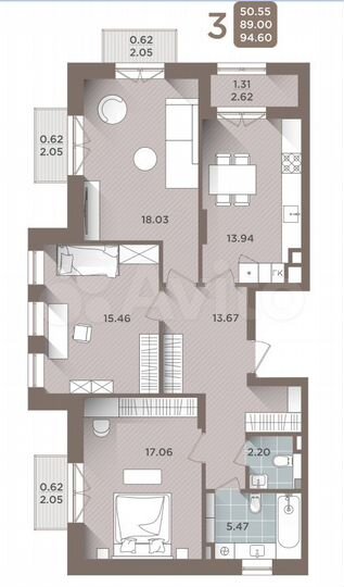 3-к. квартира, 94,6 м², 2/5 эт.