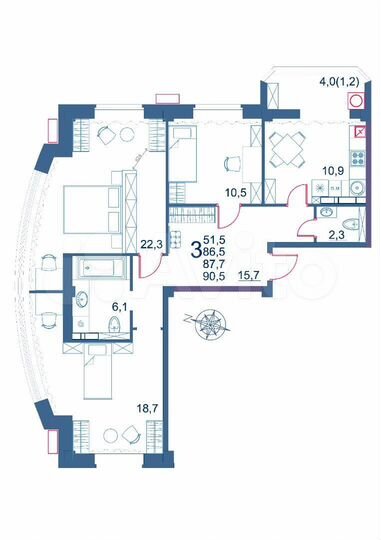 3-к. квартира, 90,5 м², 4/9 эт.