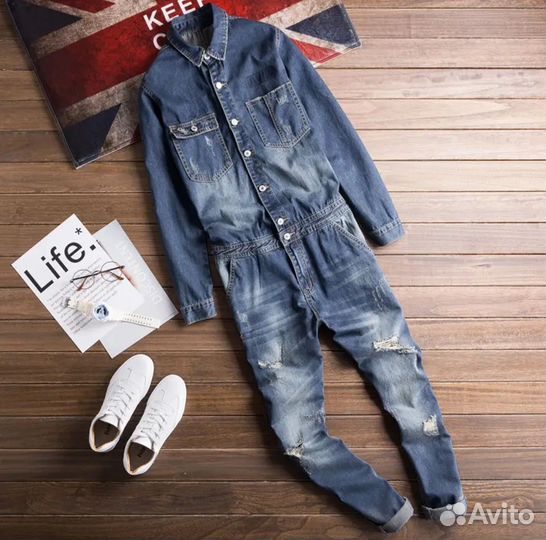 Мужской Джинсовый комбинезон