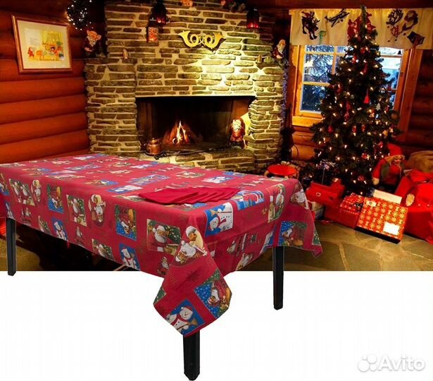 Скатерть Санта Клаус красная с 6 салфетками
