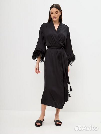 Шелковый длинный халат кимоно платье с перьями