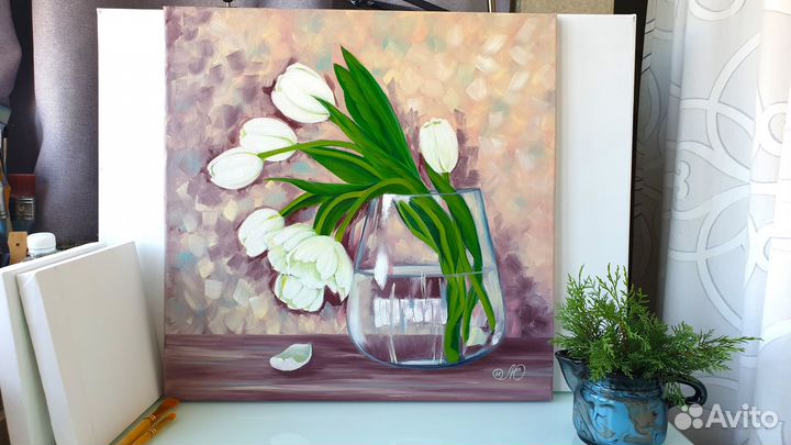 Картина Тюльпаны белые цветы 50х50см холст масло