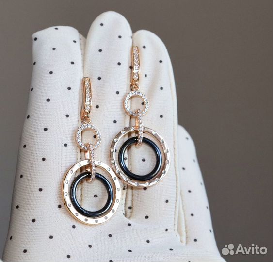 Серьги из мед золота с фианитами и керамикой