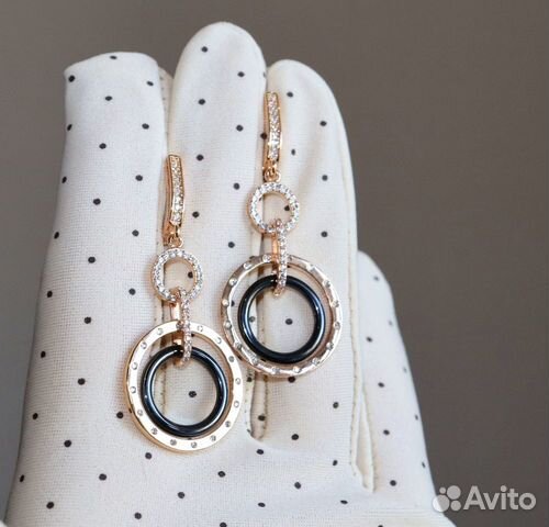 Серьги из мед золота с фианитами и керамикой