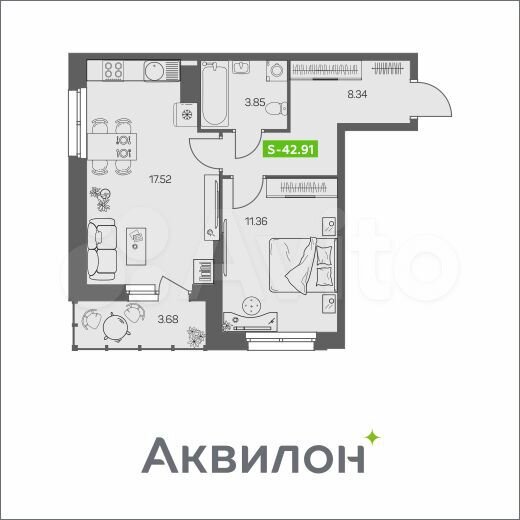 1-к. квартира, 42,9 м², 7/8 эт.
