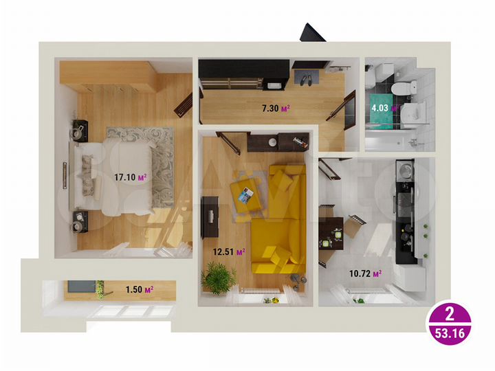 2-к. квартира, 53,2 м², 1/6 эт.