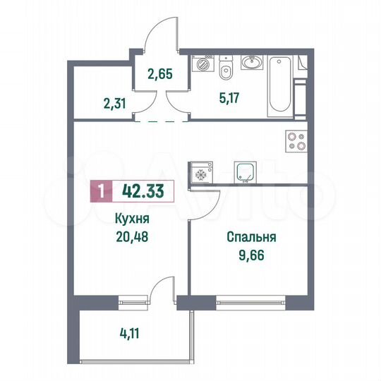 1-к. квартира, 42,3 м², 4/16 эт.