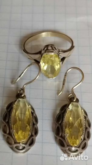 Серьги, кольцо СССР(корунд цитрина)