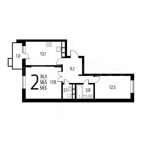 2-к. квартира, 59,5 м², 4/9 эт.