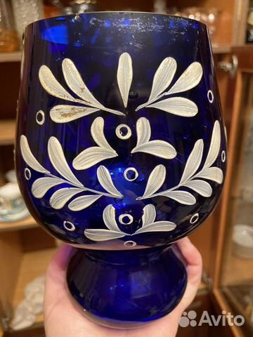 Ваза для цветов цветное стекло кобальт роспись