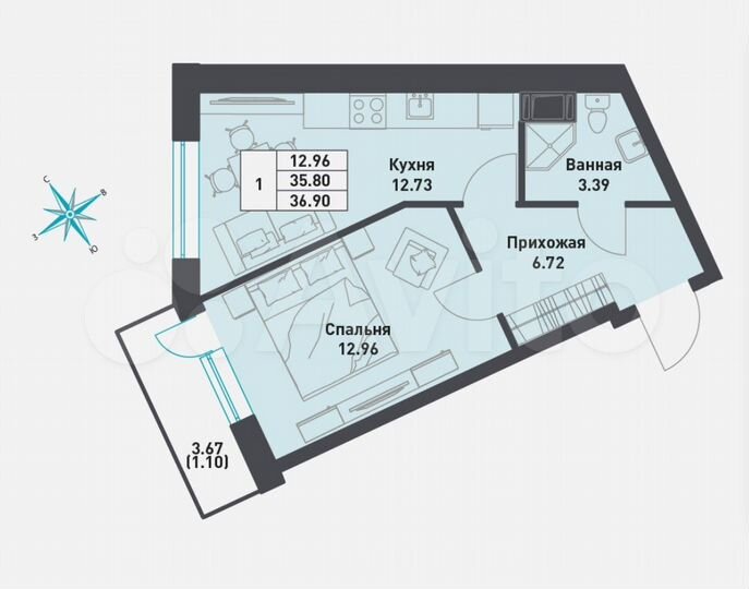 1-к. квартира, 37 м², 9/11 эт.