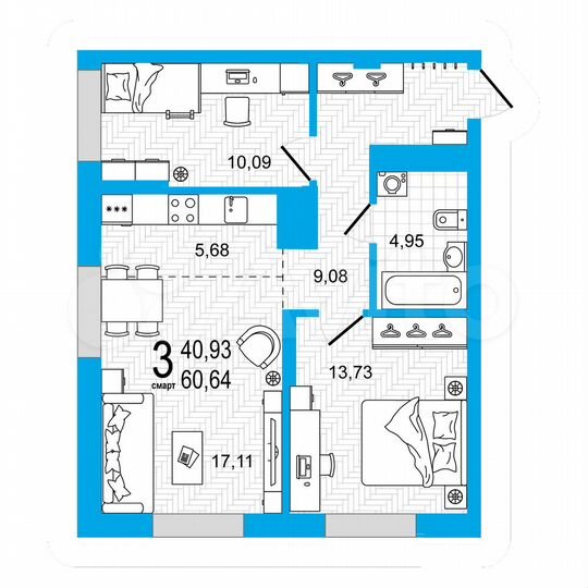 2-к. квартира, 60,6 м², 15/27 эт.