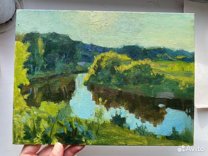 Картина маслом этюд пейзаж река лес живопись