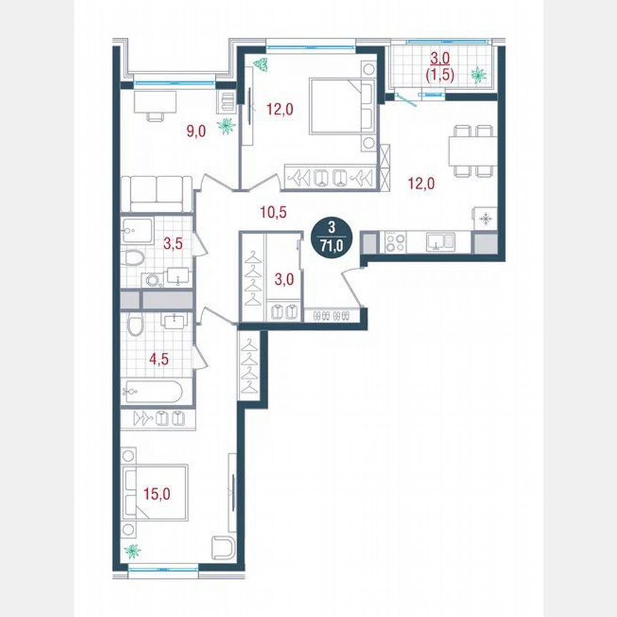 3-к. квартира, 71 м², 20/26 эт.