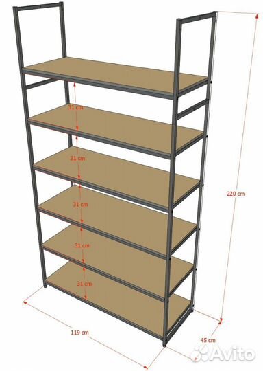 Стеллаж в стиле Лофт A22120-20-чб с полками лдсп