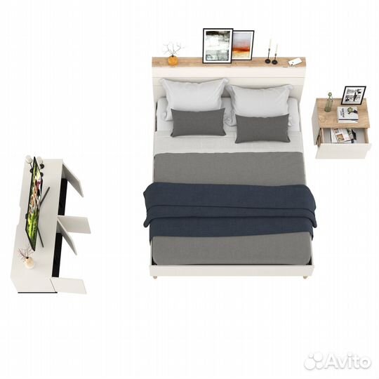 Прикроватная тумба Муссон с кроватью 11.41 с основанием 1600 и TV-тумбой 13.276 белый/чёрный/дуб энд