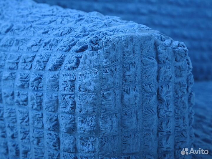 Чехол на угловой диван с оттоманкой справа Голубой