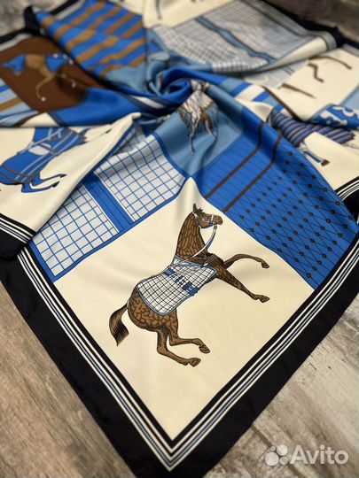 Шелковый платок шаль Hermes синий с голубым