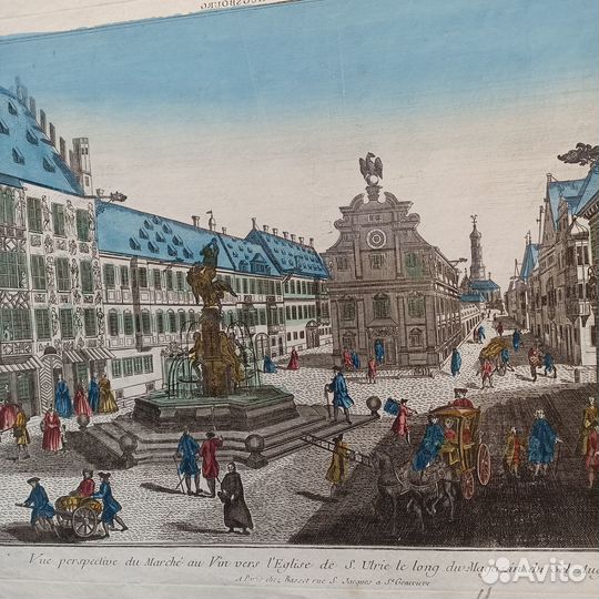 Большая Антикварная Гравюра вид Аугсбурга 1760