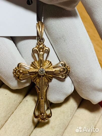 Подвеска, кулон, крест золото 585 с бриллиантом