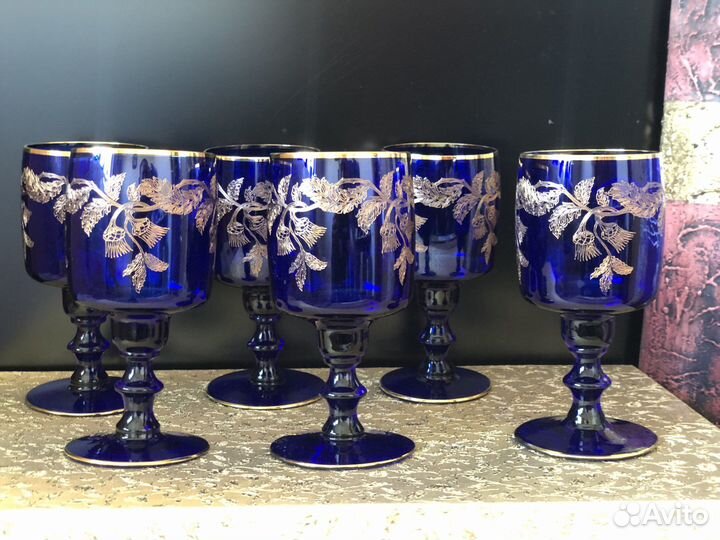 Набор бокалов Богемия кобальт позолота Чехия