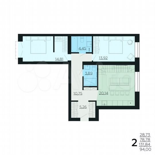2-к. квартира, 131,8 м², 6/6 эт.