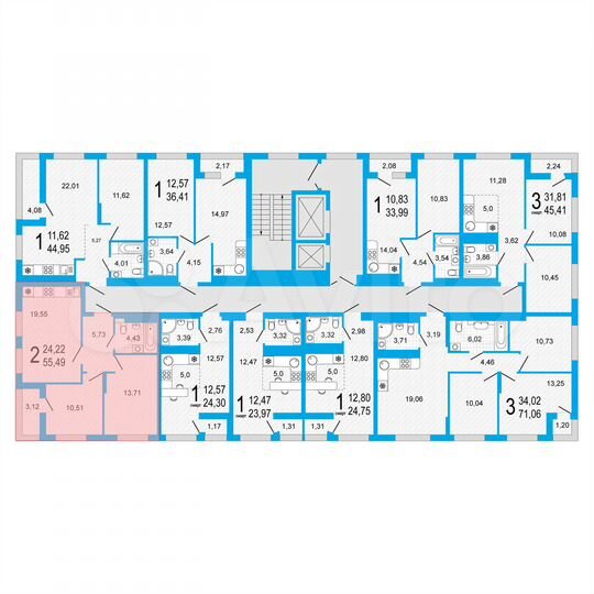 2-к. квартира, 55,5 м², 6/22 эт.