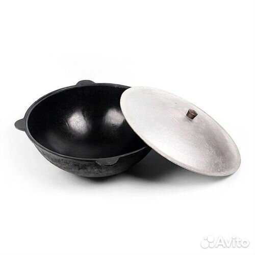 Узбекский чугунный казан 22 л. круглое дно, с крыш