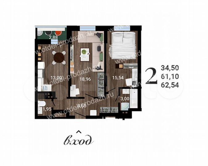 2-к. квартира, 62,5 м², 18/26 эт.