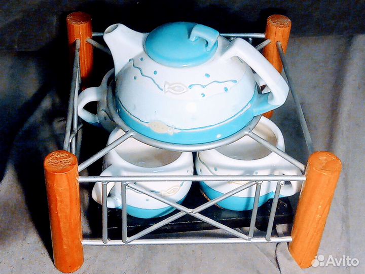 Чайный кофейный сервиз с рыбками керамика глазурь